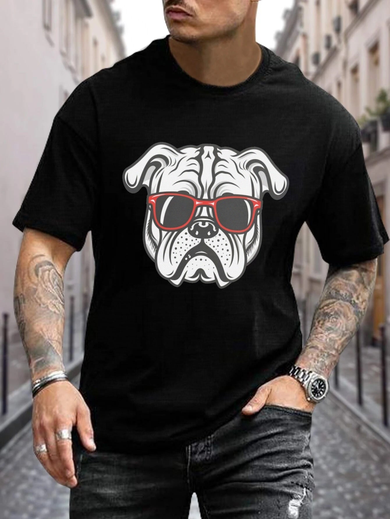 Cool Bulldog Sunglasses Graphic T-Shirt – Black Short-Sleeve Crew Neck Summer Style, Casual Essential, Relaxed Fit | Comfy Dog Lover T-Shirt | Fun and Stylish Wear for Any Occasion.