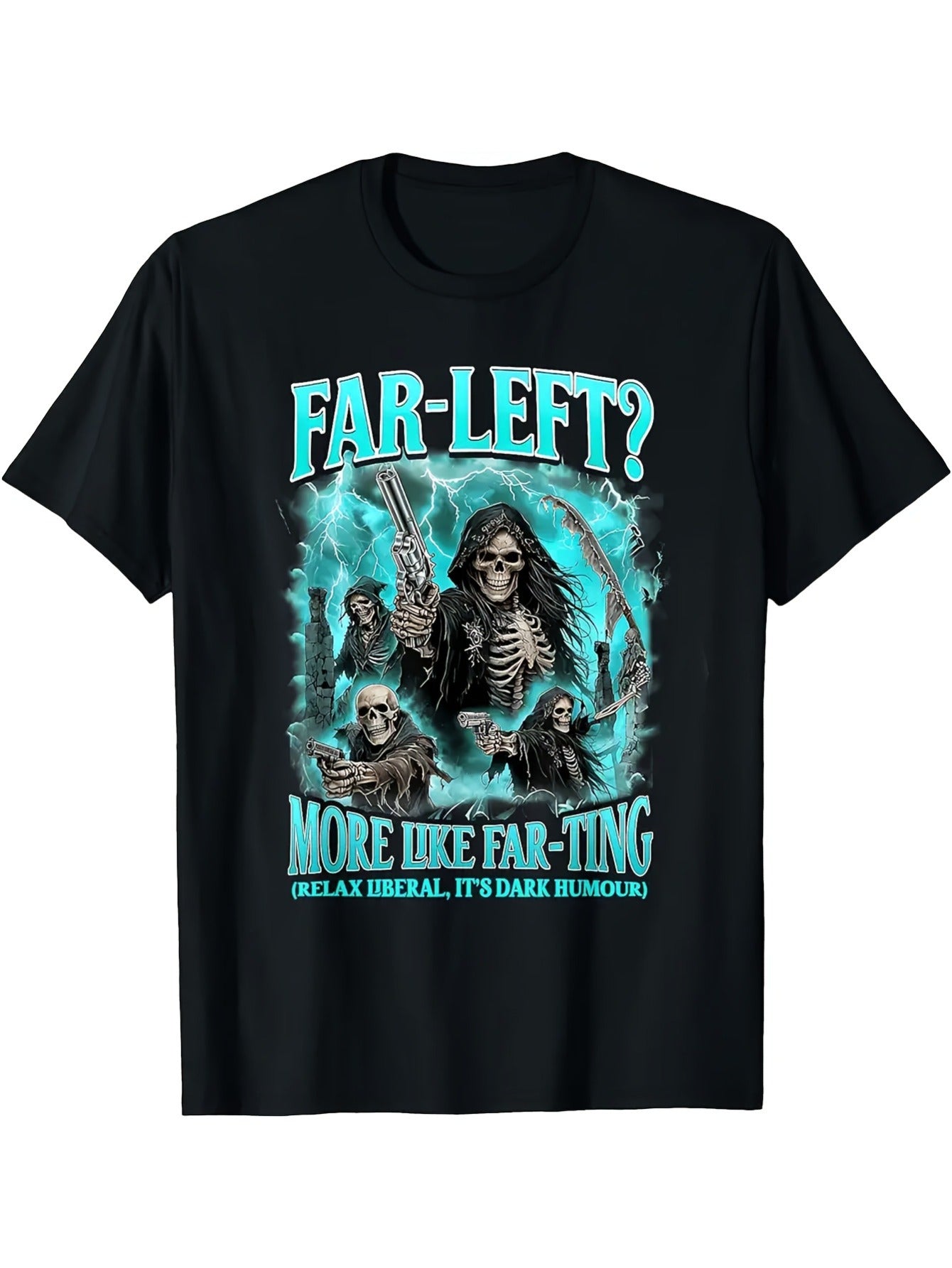 Unisex Dark Humor Graphic T-Shirt (Skeletal Figures with Electric Blue Accents) – Black Short-Sleeve Crew Neck Style, Casual Essential for Laughs, Relaxed Fit | Quirky Print T-Shirt | Comfortable and Fun to Wear.