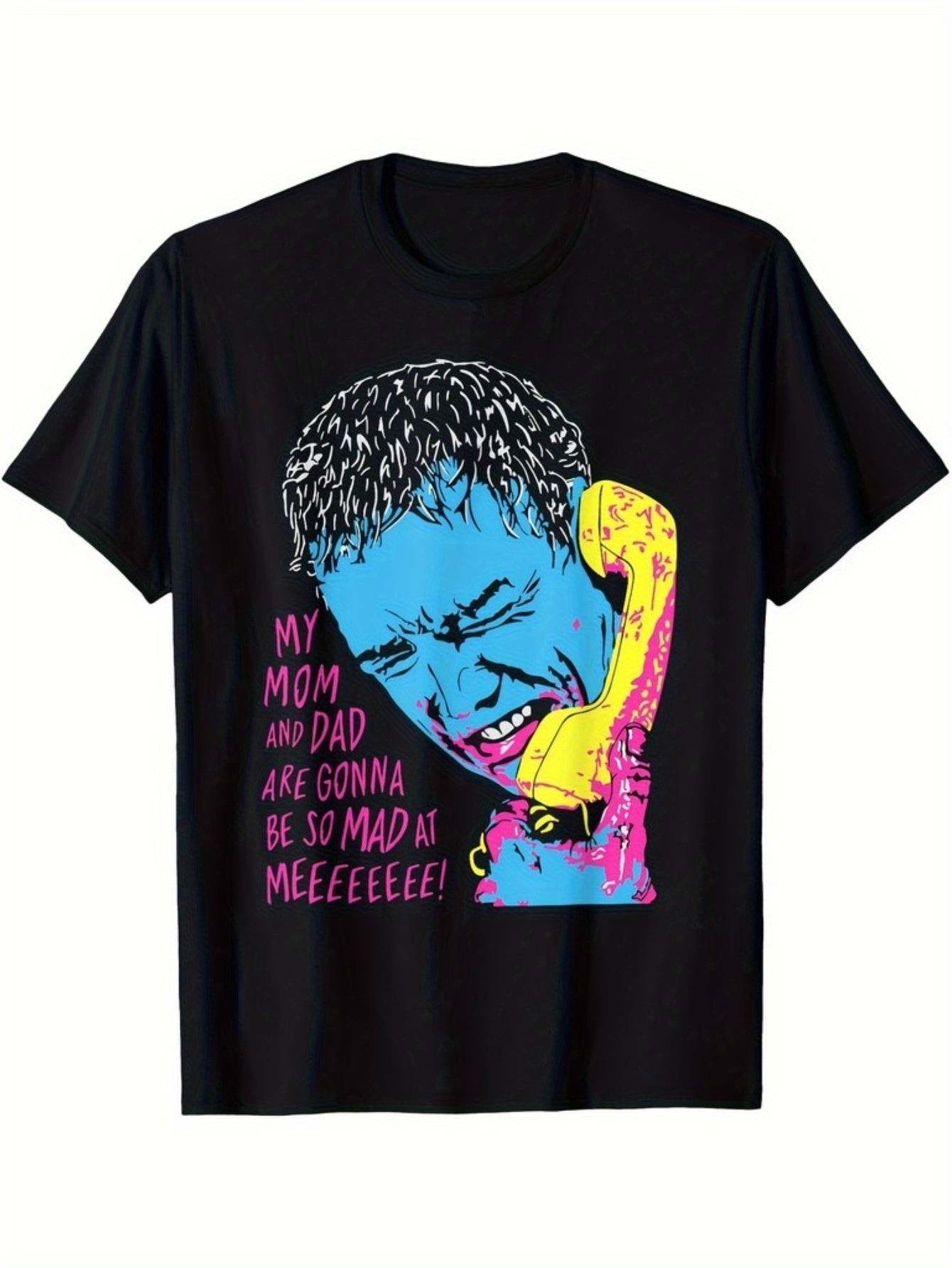 Retro Vivid Expression Graphic T-Shirt – Black Short-Sleeve Crew Neck with Fun Telecommunication Design, Casual Essential, Relaxed Fit | Bold Color Pop T-Shirt | Comfortable Fit for Everyday Wear