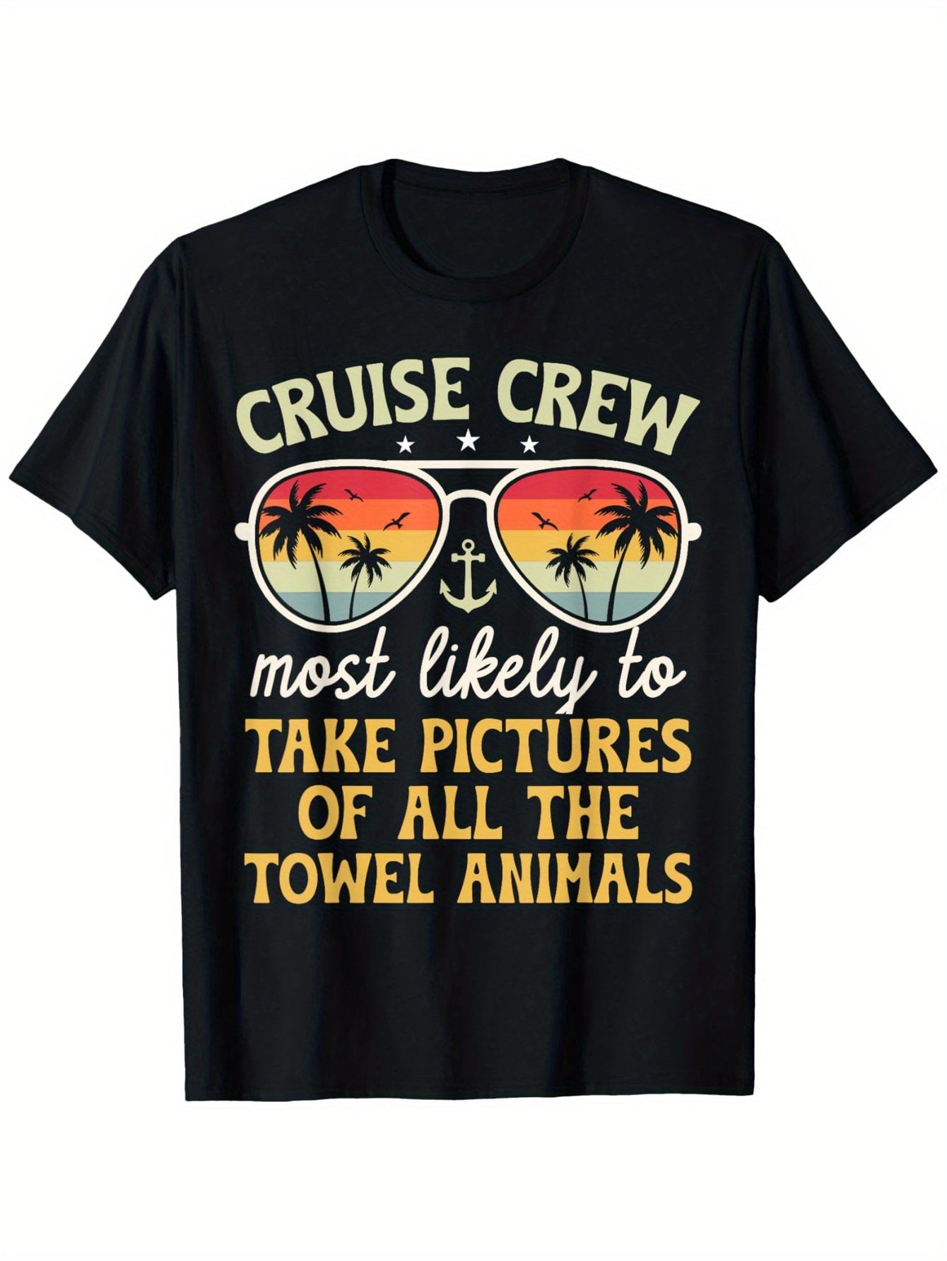 Cruise Vibes Fun T-Shirt (Sunglasses and Paradise Palm Trees Design) – Black Short-Sleeve Crew Neck Summer Style, Travel Essential, Relaxed Fit | Adventure Awaits T-Shirt | Comfortable All-Day Wear.