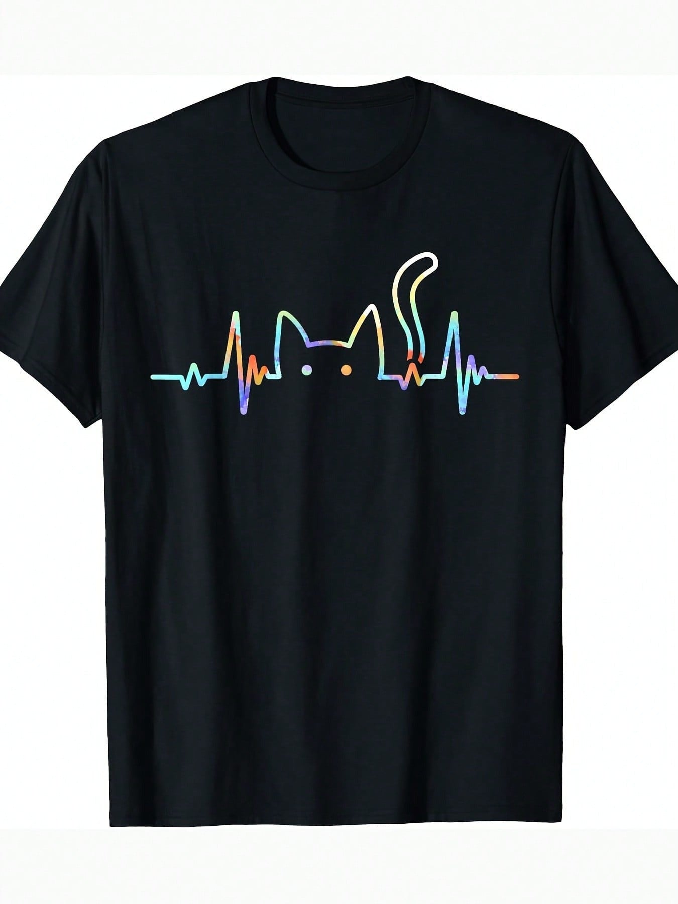 Unisex Cat Vibe Heartbeat T-Shirt (Colorful Cat Design) – Classic Black Short-Sleeve Crew Neck Fashion Essential, Summer Style, Fun and Casual | Cat Lover T-Shirt | Soft and Comfy Fit
