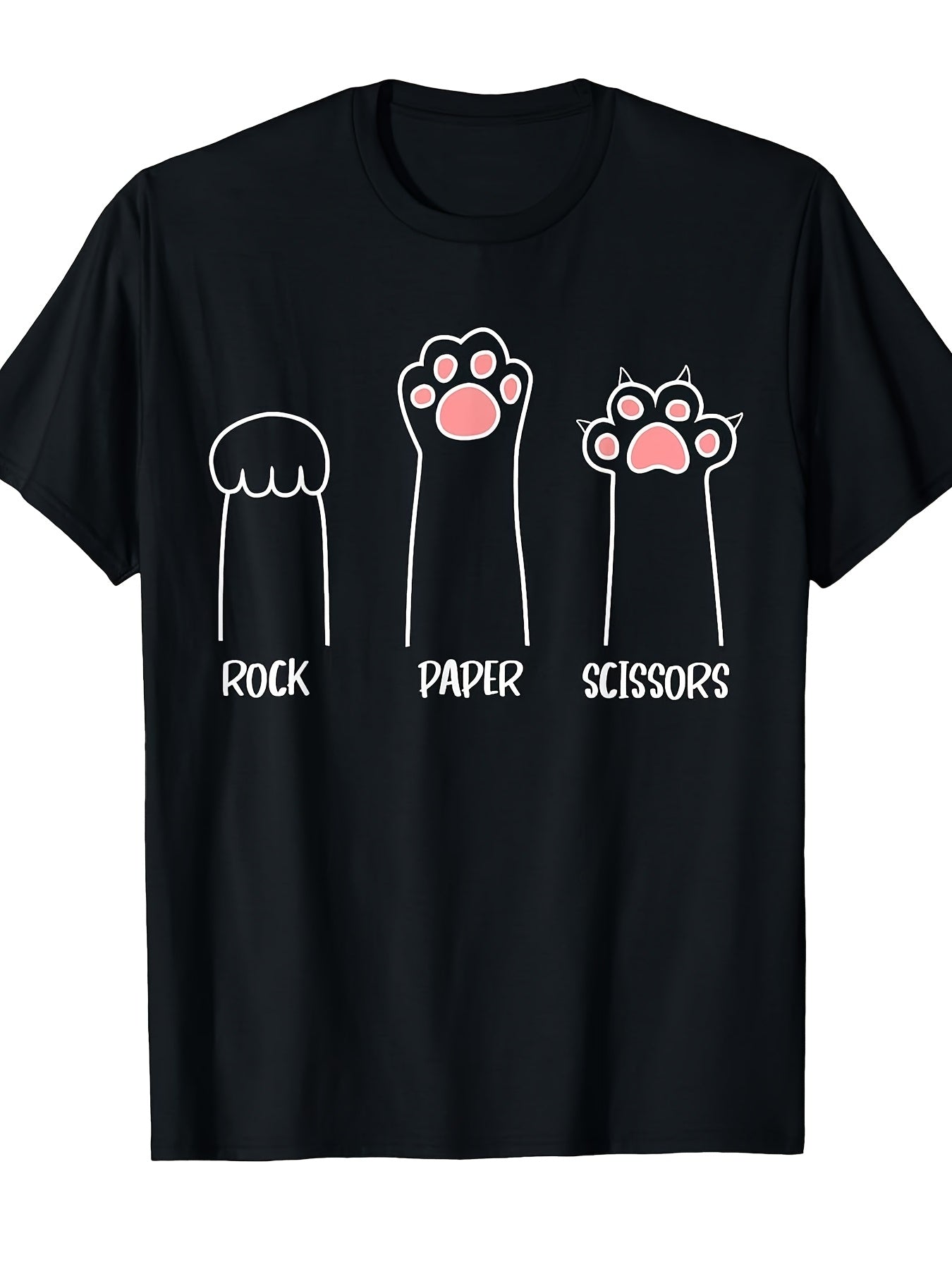 Rock Paper Scissors Hand Game Cute Paw Funny Cat T-Shirt_1 Short Sleeve Top For Daily Activities Crew Neck Drop Shoulder Short Sleeve - Versatile men T-shirt