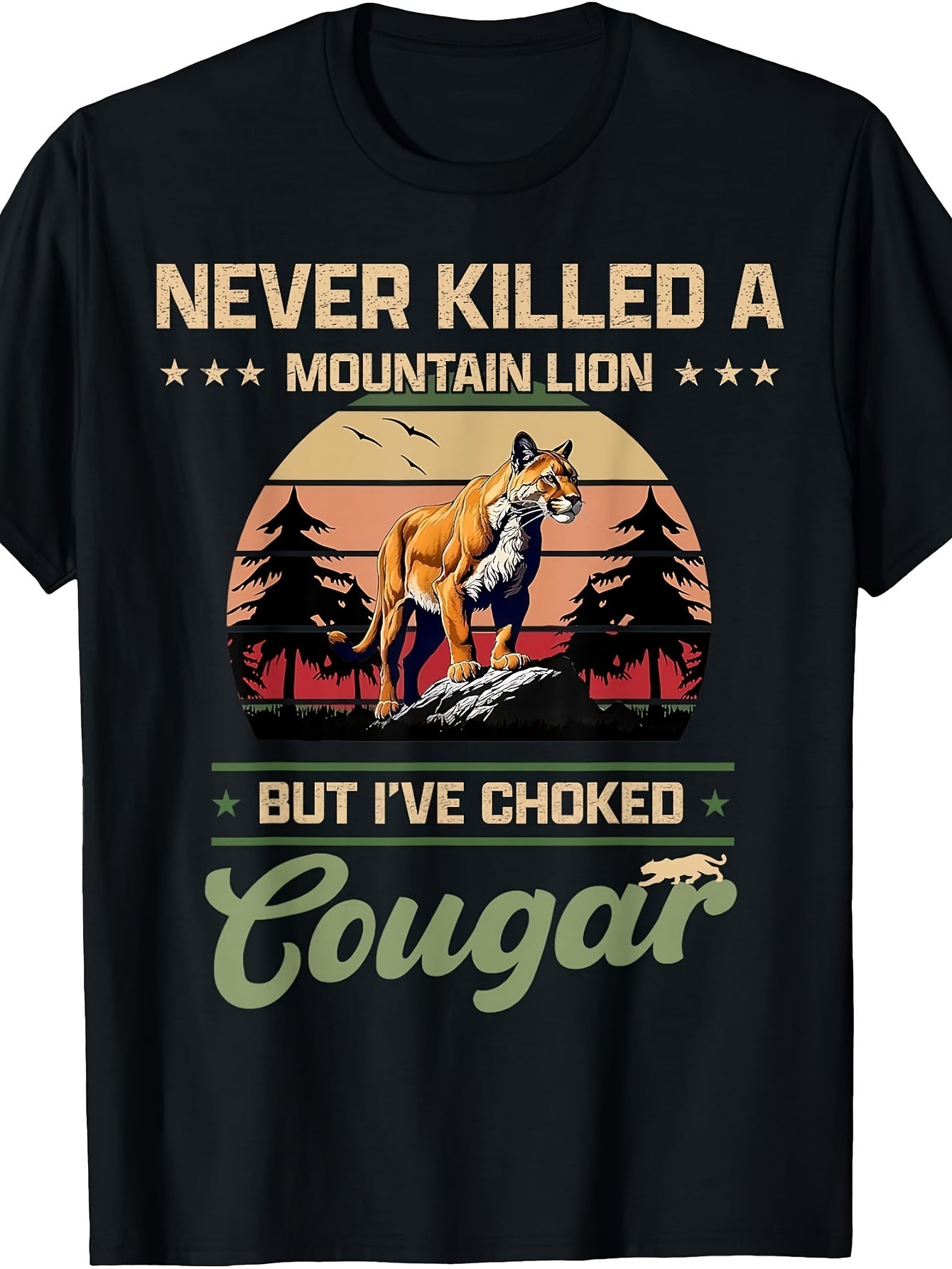 Wildlife Adventure Graphic T-Shirt (Mountain Lion and Retro Sunset) – Black Short-Sleeve Crew Neck Summer Style, Casual Essential, Relaxed Fit | Cougar Print T-Shirt | Comfortable Fit