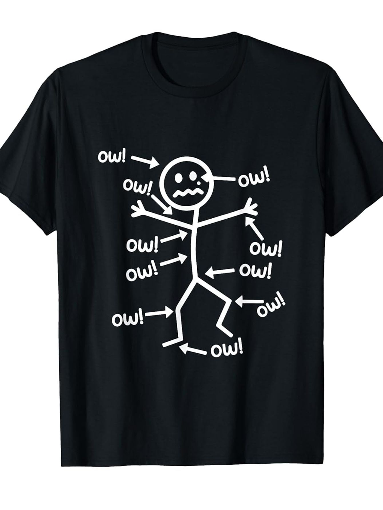 Funny Ow! Ow! Ow! Laughing Face & Ouch! Points Graphic T-Shirt - 100% Cotton Soft Unisex Relaxed Fit Short Sleeve Tee Suitable for Men & Women, Casual Humor Gift with Ouch! Design (Black/White Print), Machine Washable, Printed in Canada