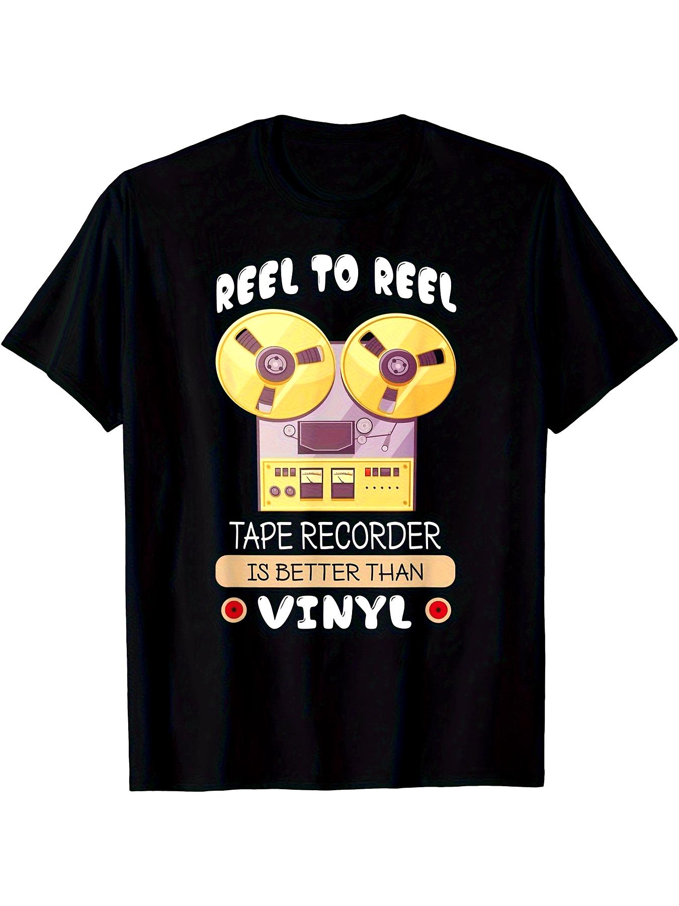 Retro Music Lover'S T-Shirt (Reel to Reel Tape Recorder Design) – Black Short-Sleeve Crew Neck Vintage Style, Audio Enthusiast Essential, Relaxed Fit | Music Print T-Shirt | Comfortable Fit