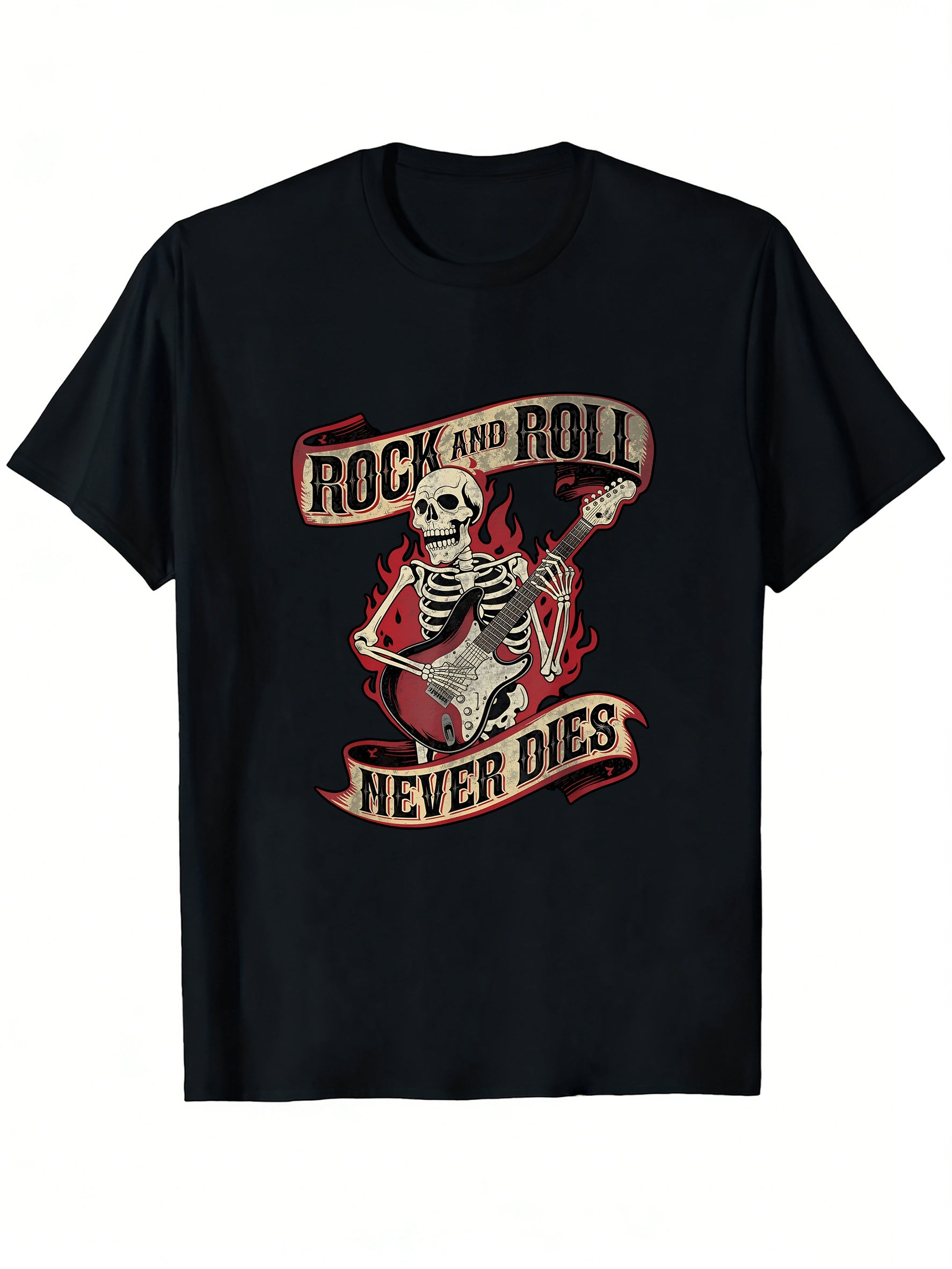 Rock and Roll Skeleton Graphic T-Shirt – Black Short-Sleeve Crew Neck Summer Style, Edgy Casual Essential, Relaxed Fit | Music Rebel T-Shirt | Comfortable Fit for Music Lovers