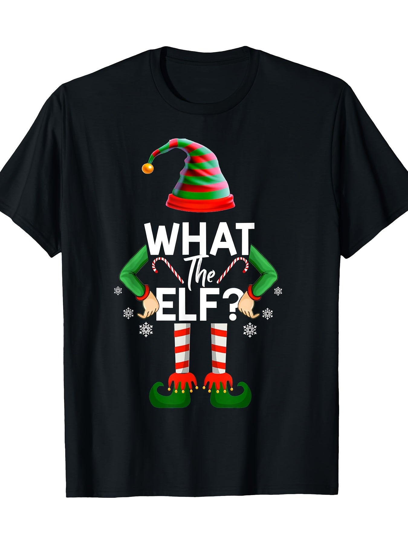 Whimsical Holiday Humor T-Shirt (What the Elf? Design) – Black Short-Sleeve Crew Neck Festive Style, Fun Essential for Christmas Gatherings, Relaxed Fit | Cheerful Elf Print T-Shirt | Comfortable Wear for the Holiday Season