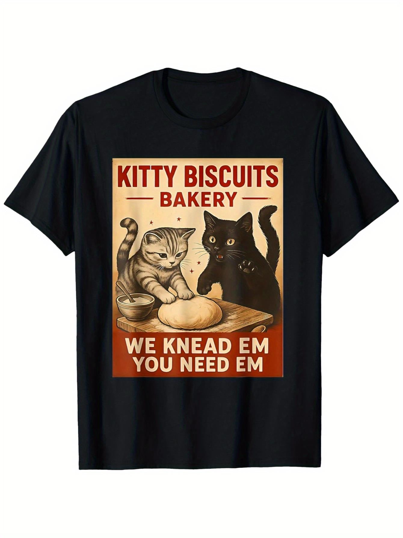 Whimsical Kitty Biscuits Bakery T-Shirt (Adorable Cat Illustrations) – Black Short-Sleeve Crew Neck Casual Style, Fun Essential, Relaxed Fit | Purr-fect Bakery Print T-Shirt | Comfortable Fit