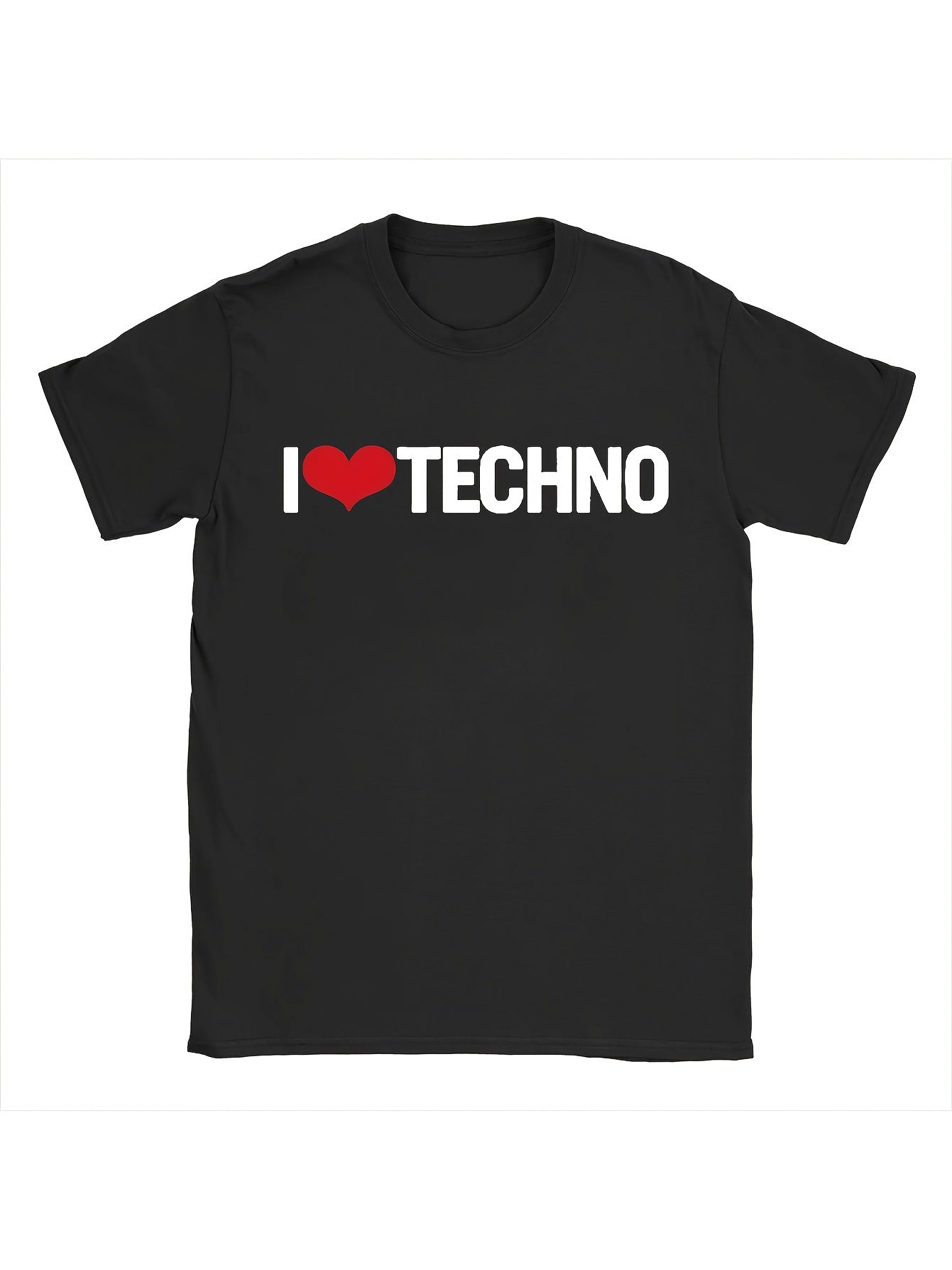 I Love Techno Graphic T-Shirt – Black Short-Sleeve Casual Wear, Music Lover'S Essential, Comfortable Fit for Everyday Style | Techno Vibes T-Shirt | Perfect Gift for EDM Enthusiasts.