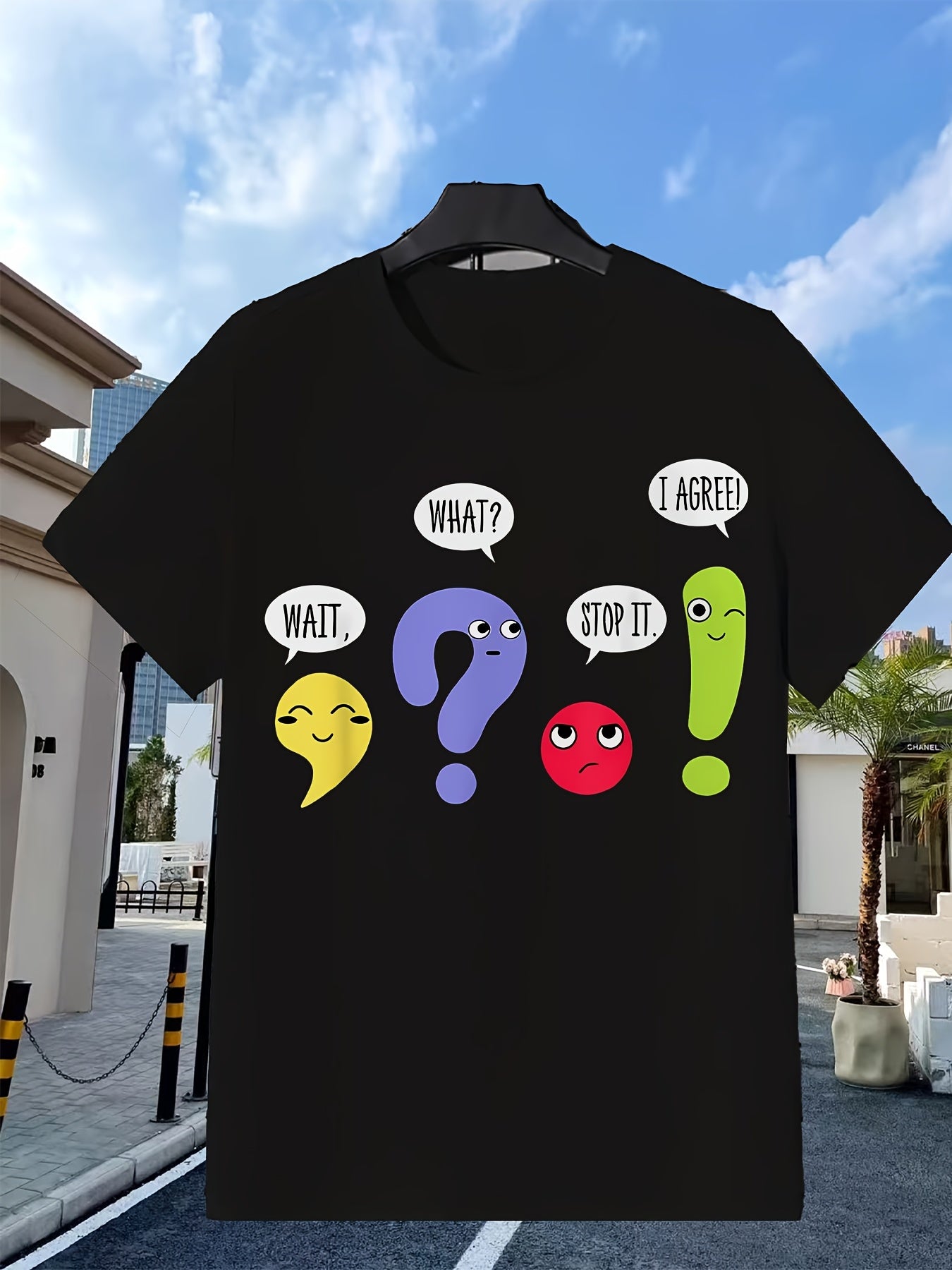 Funny Grammar Teacher with Punctuation Marks & Grammar Jokes Soft Breathable Round Neck Tee Black Crew Neck Printed Short-sleeved T-shirt for Men's Outdoor Work.