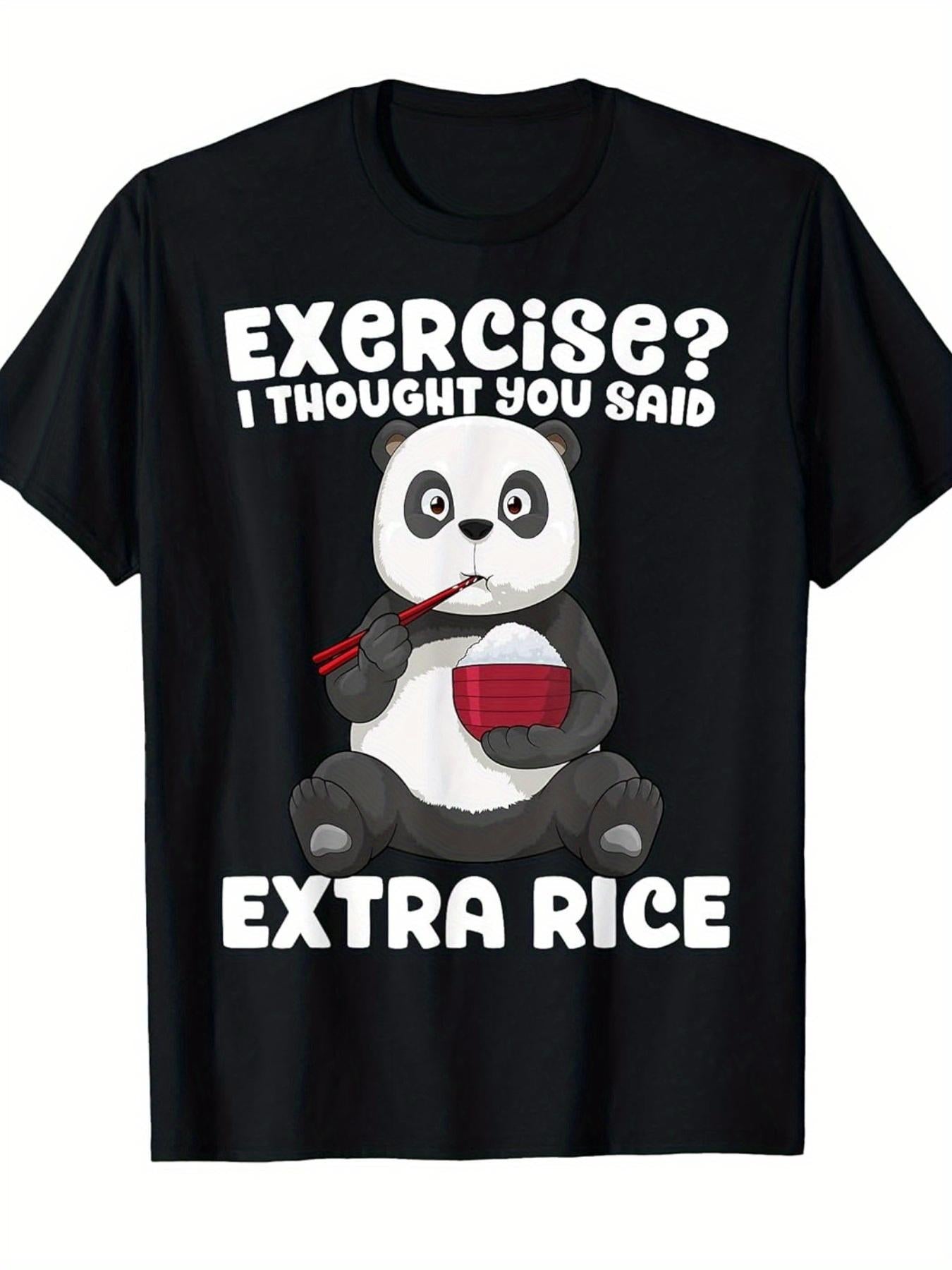 Playful Panda Printed T-Shirt (Funny Exercise Quote) – Black Short-Sleeve Crew Neck Summer Style, Casual Essential, Relaxed Fit | Extra Rice T-Shirt | Comfortable Fit