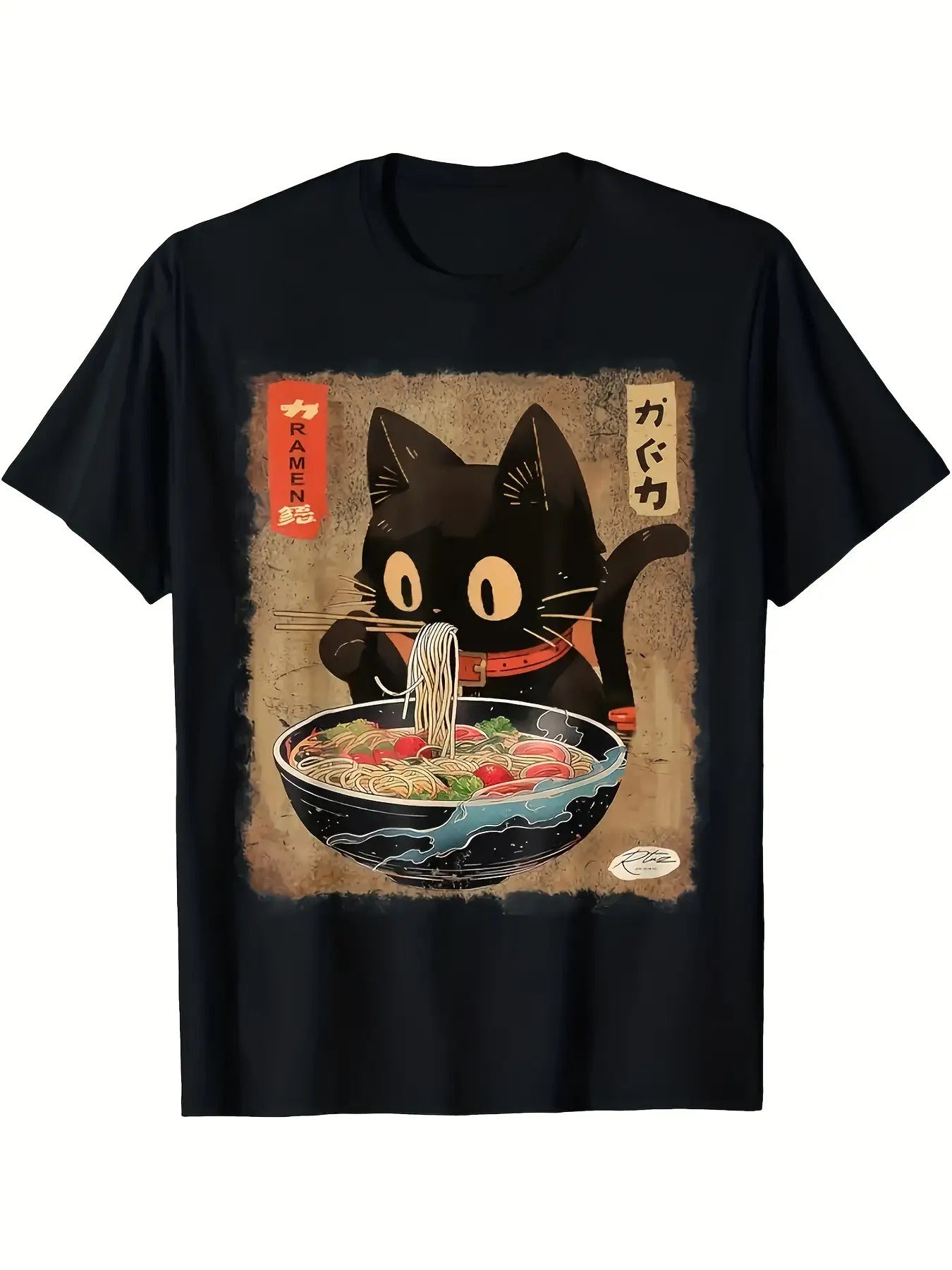 Unisex Casual Printed T-Shirt (Cute Cat Eating Ramen) – Black Short-Sleeve Crew Neck Summer Style, Fun Essential, Relaxed Fit | Cat Enthusiast T-Shirt | Comfortable Fit