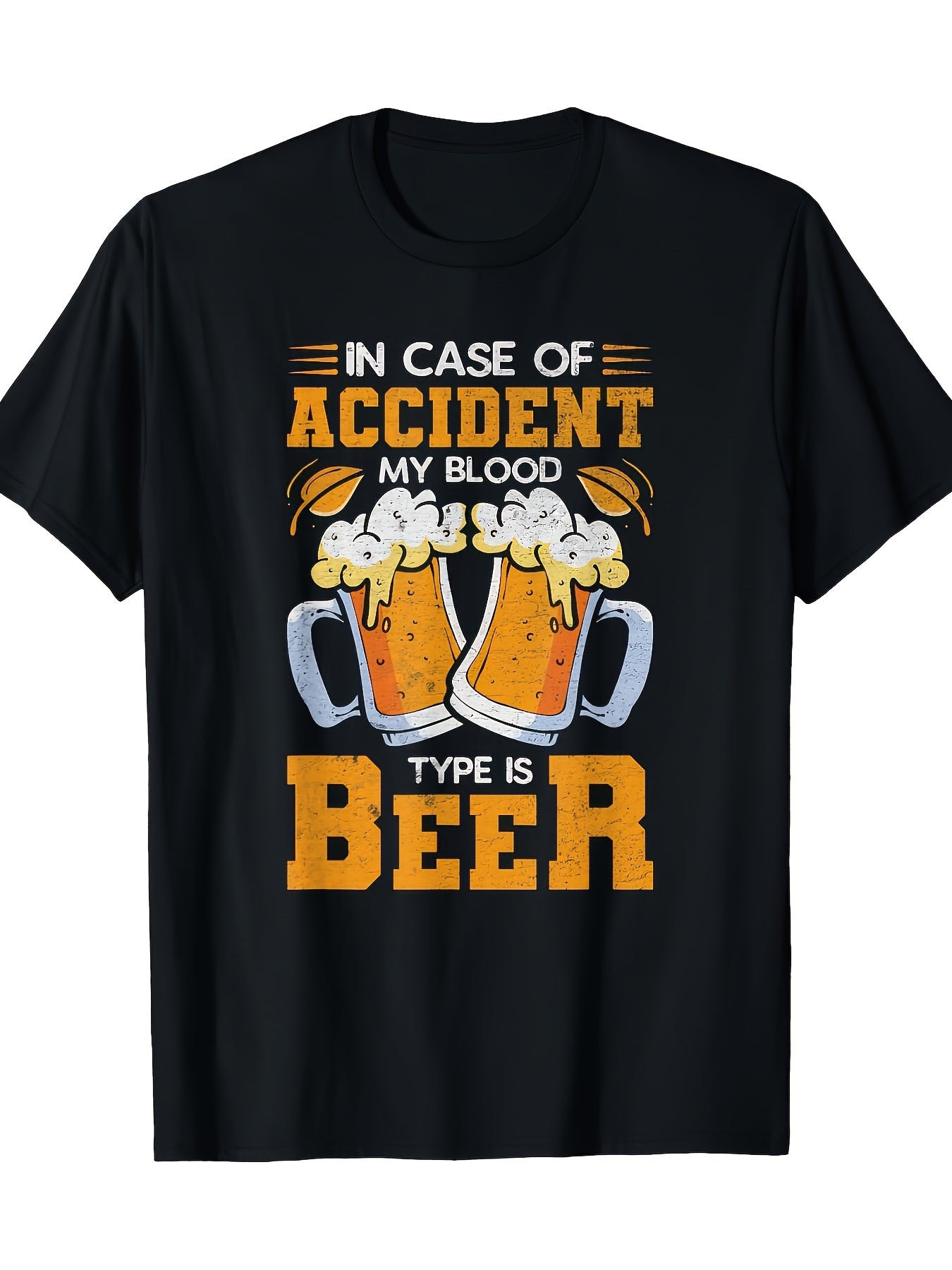 Funny in Case Of Accident My Blood Type Is Beer Graphic T-shirt for Men & Black Crew Neck Short Sleeve Tee with Beer Mugs Design Breathable Slight Stretch Regular Fit Casual S