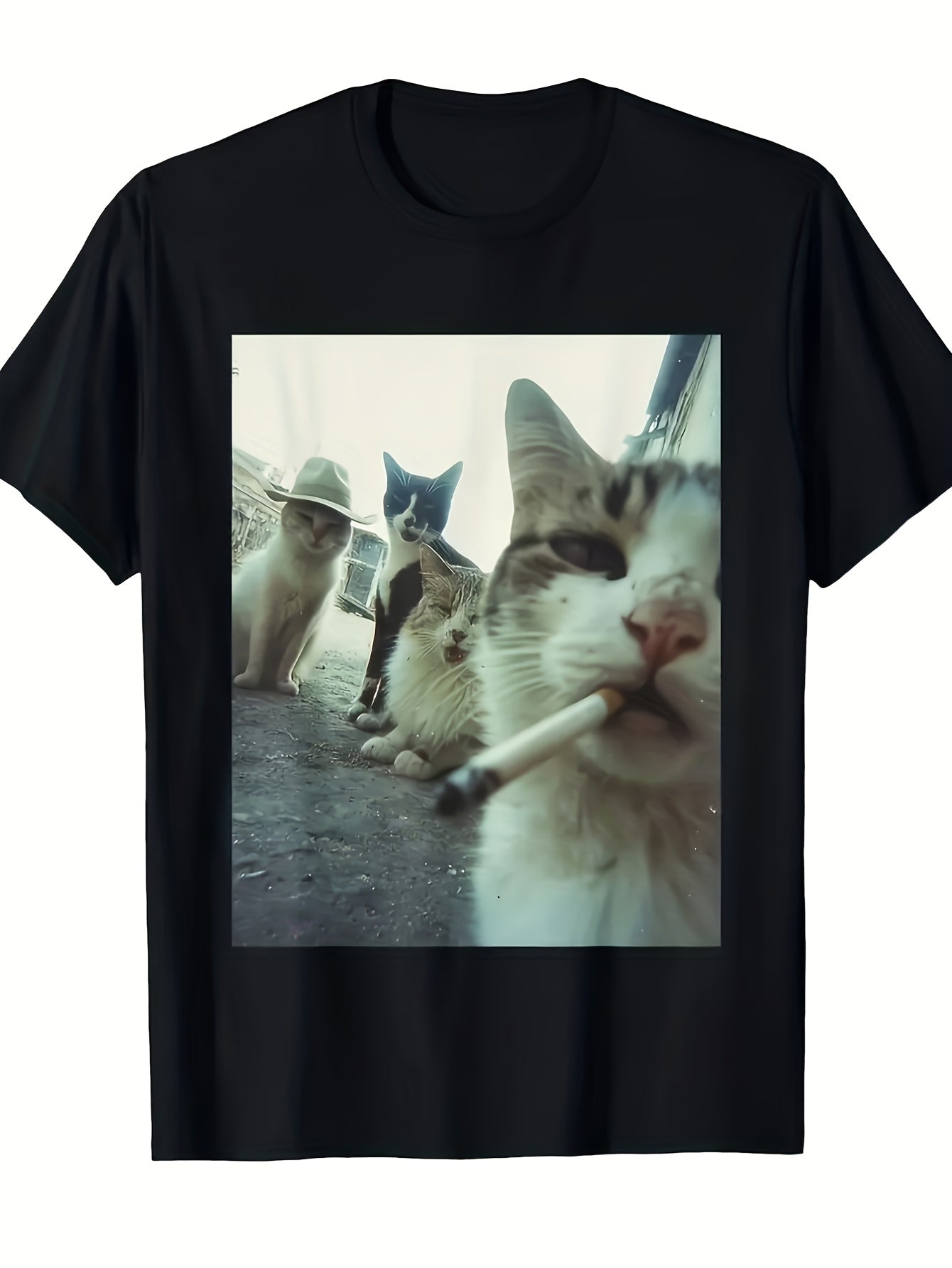Retro Smokin Cat T-Shirt - Loose Fit Short Sleeve Round Neck Casual Top with Humorous Smokin Cat & Black Geometric Print, Machine Washable Suitable for Year-Round Wear, Novelty Gift for Everyday Outfits, for Teenager