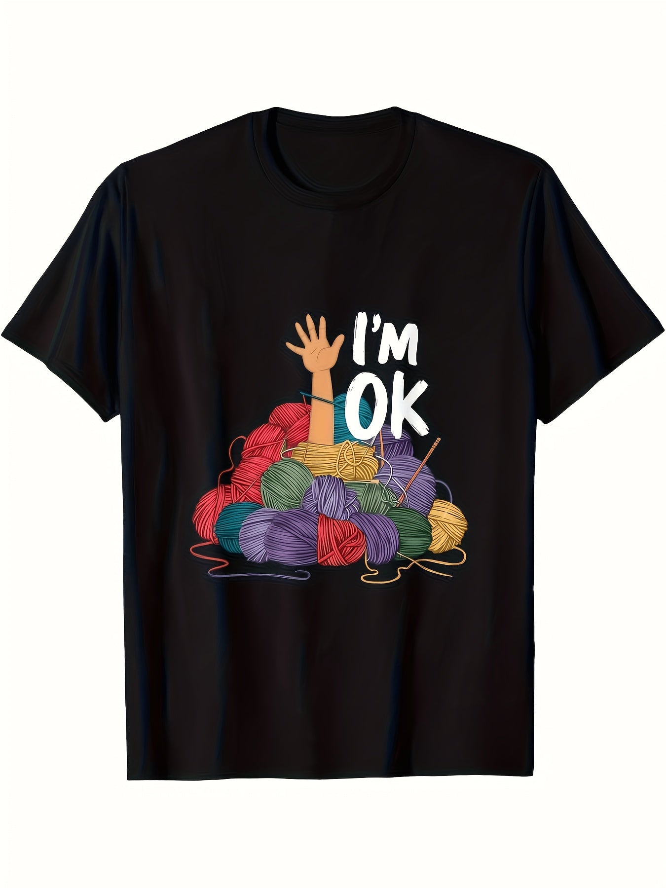 Men'S Funny I'M OK Knitting Graphic T Shirt Vintage Crafting Design Black Tee Soft Shirt for Crochet Knitting Lovers Machine Washable Casual Top Ideal Gift for Crafters Men' Men'S simple black T-shirt loose and fun