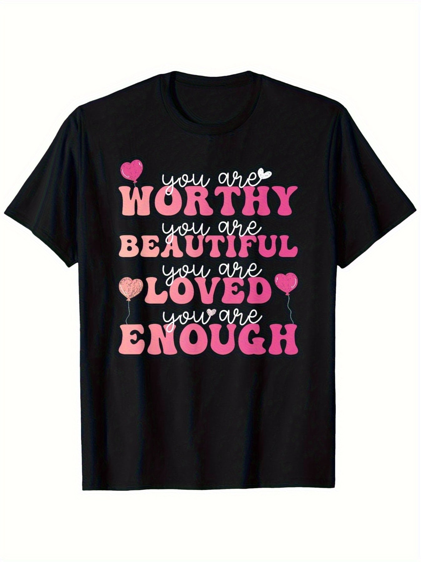 Men's Self-Love Affirmation T-Shirt with "You Are Worthy Beautiful Loved Enough" Heart Quotes - Retro Round Neck Casual Shirt Suitable for - Wear, Positive Affirmation Apparel for & Mental, Machine Washable Black/White