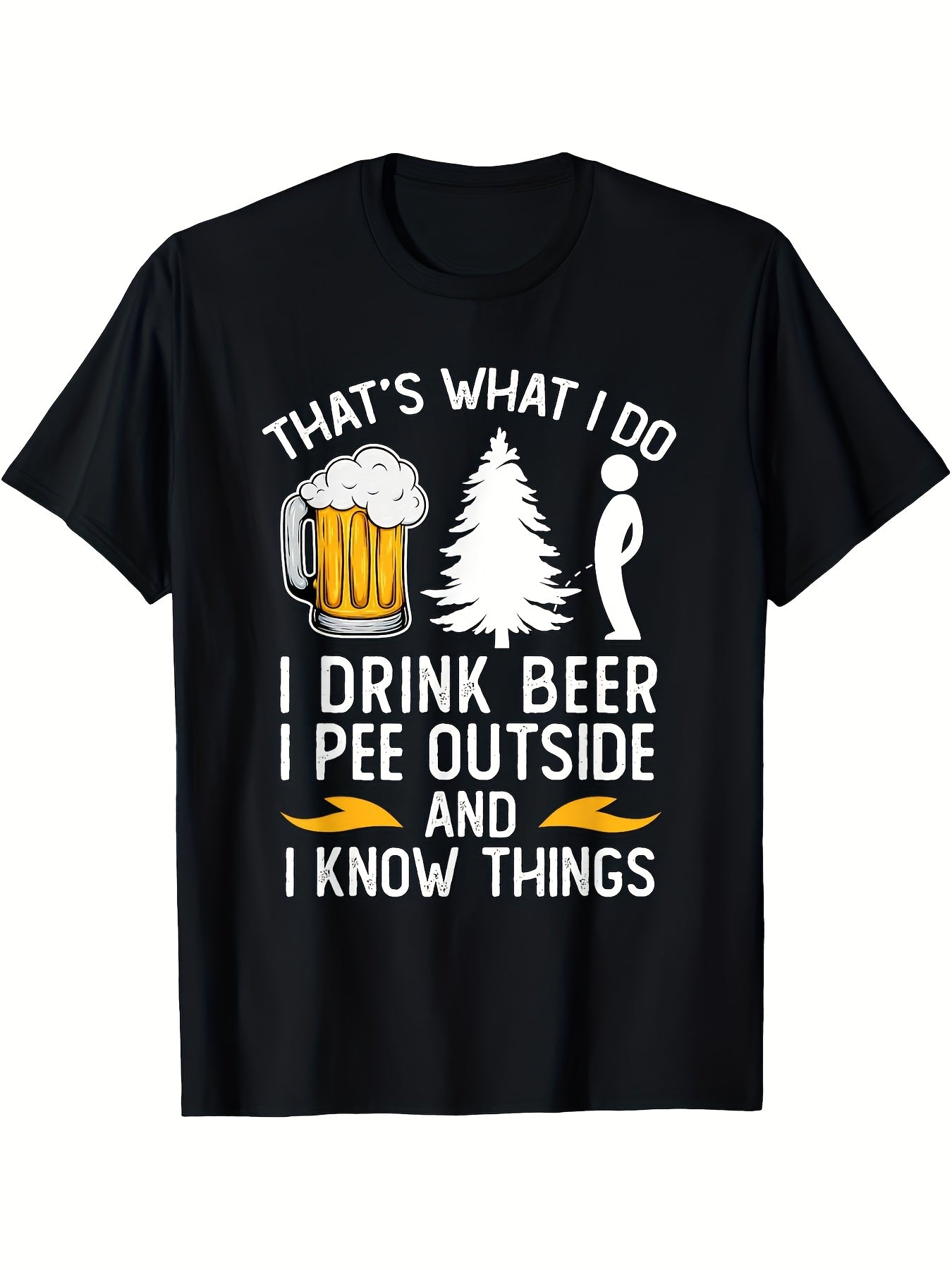 Men's Funny Beer Slogan T-Shirt - "I Drink Beer I Pee Outside & Know Things" Retro Graphic Tee, Breathable Short Sleeve Crew Neck Shirt with Slight Stretch, Machine Washable Casual Top Suitable for Summer & Outdoor Activities