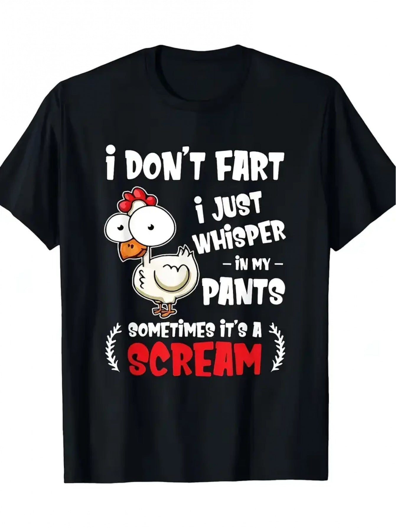 Quirky Humor Graphic T-Shirt (Funny Chicken Whisper Quote) – Black Short-Sleeve Crew Neck Summer Style, Casual Essential, Relaxed Fit | Whimsical Chicken Print T-Shirt | Comfortable Fit