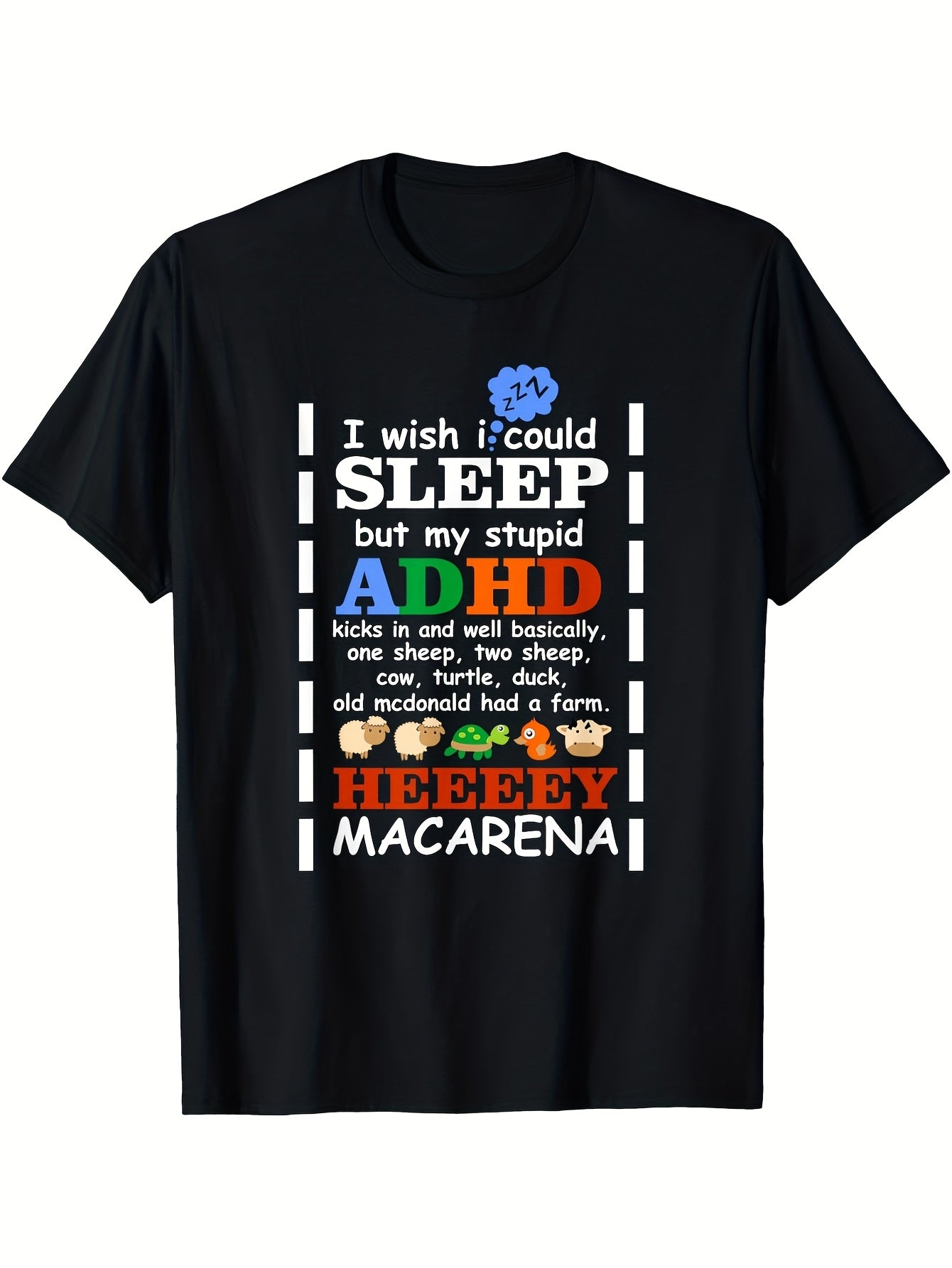 Men's Black T-Shirt with Adhd Humor I Wish I Could Sleep but My Stupid Adhd Kicks in Text Comfortable Casual Short Sleeve Ideal for Daily Wear & All Seasons Allseason Apparel Play Men's Casual Round Neck T-Shirt, Print Design Men's Top, Gift for Men