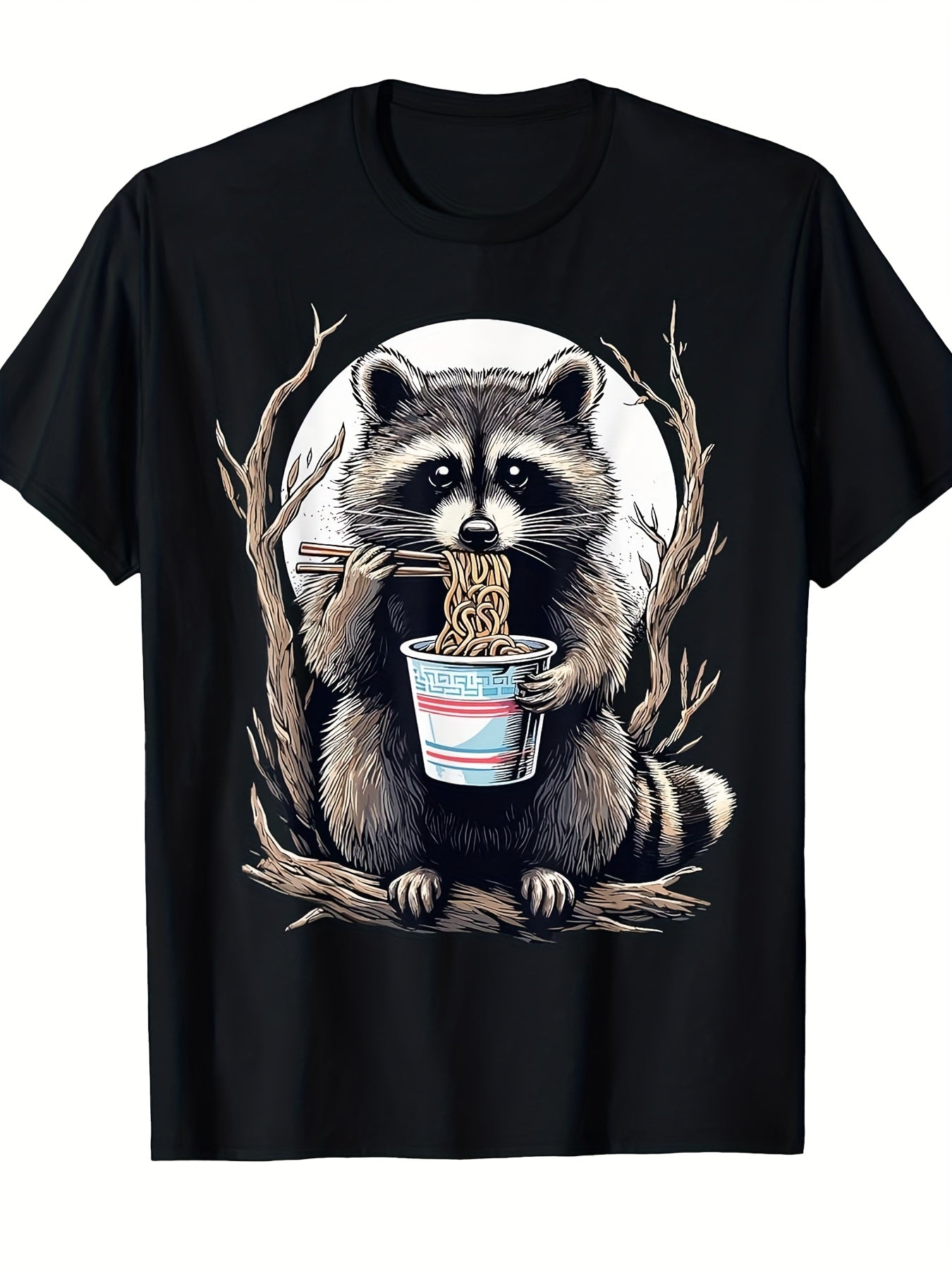 Whimsical Raccoon Noodle Lover T-Shirt – Black Short-Sleeve Crew Neck Summer Style, Fun Graphic Tee, Casual Essential, Relaxed Fit | Adorable Animal Print T-Shirt | Perfect for Food Lovers and Nature Enthusiasts | Comfortable Fit.