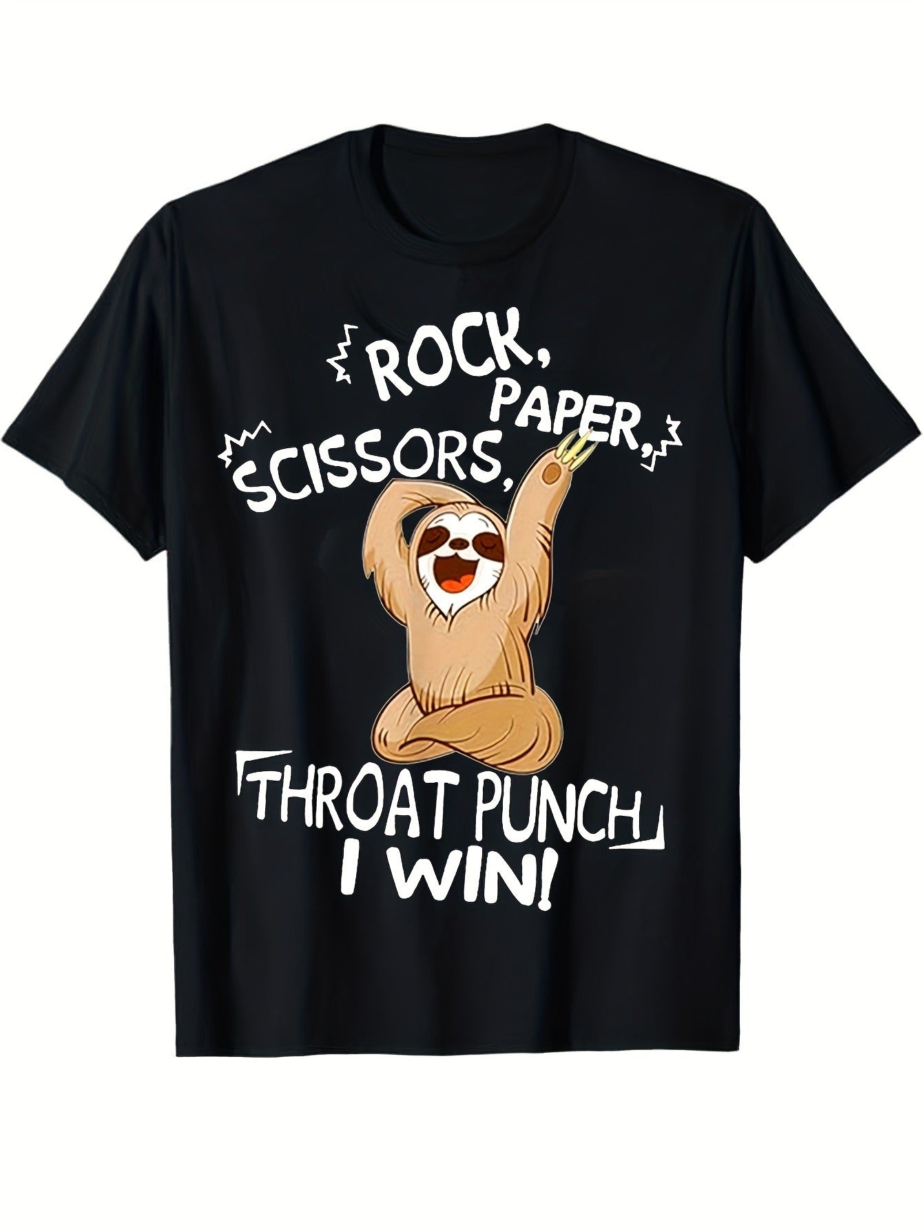 Fun Sloth Graphic T-Shirt (Rock, Paper, Scissors, Throat Punch) – Black Short-Sleeve Crew Neck Summer Style, Casual Essential, Relaxed Fit | Quirky Sloth Print T-Shirt | Comfortable Fit