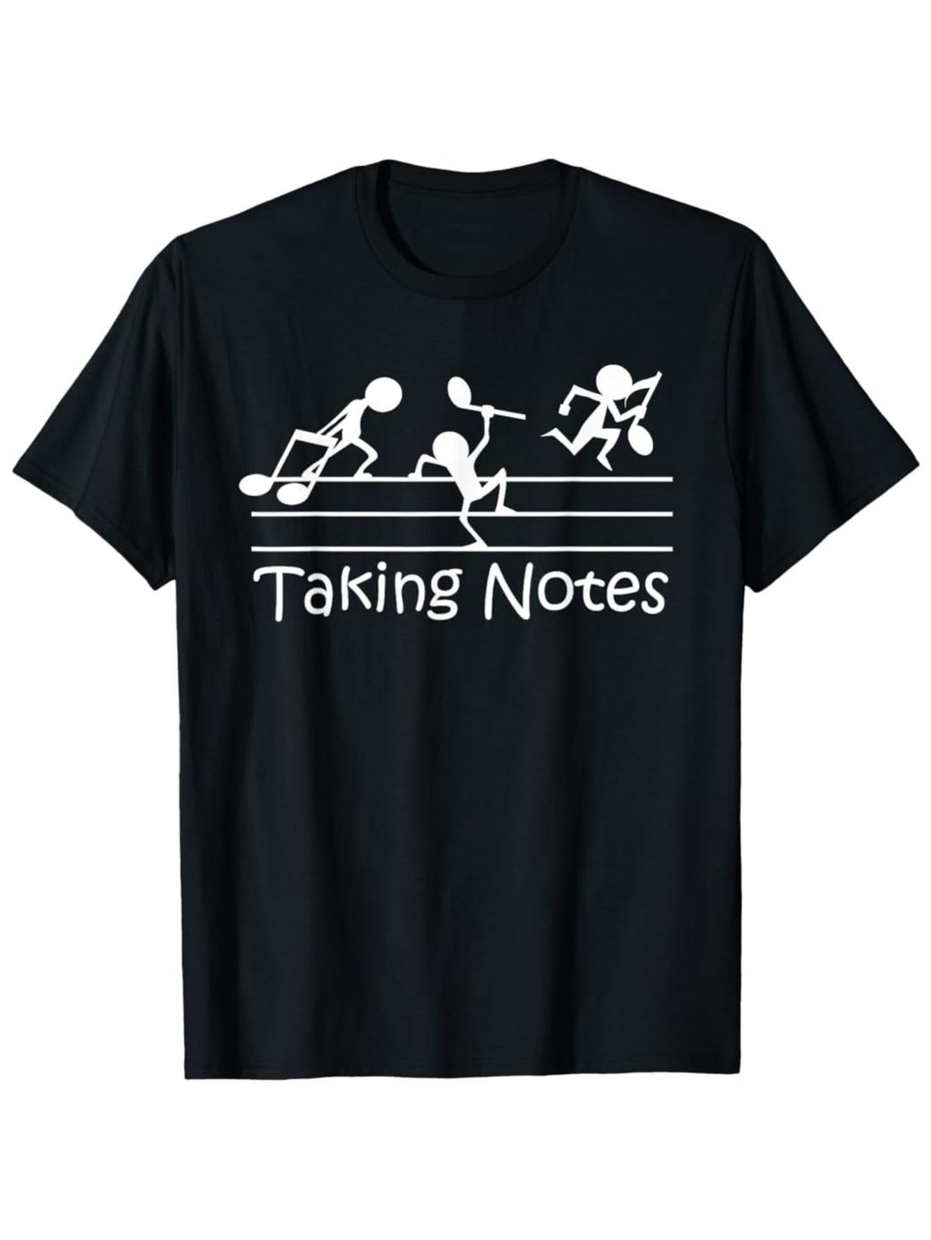 Unisex Musical Humor T-Shirt (Taking Notes with Playful Stick Figures) – Black Short-Sleeve Crew Neck, Fun Summer Essential, Relaxed Fit | Music Lover T-Shirt | Comfortable Fit.