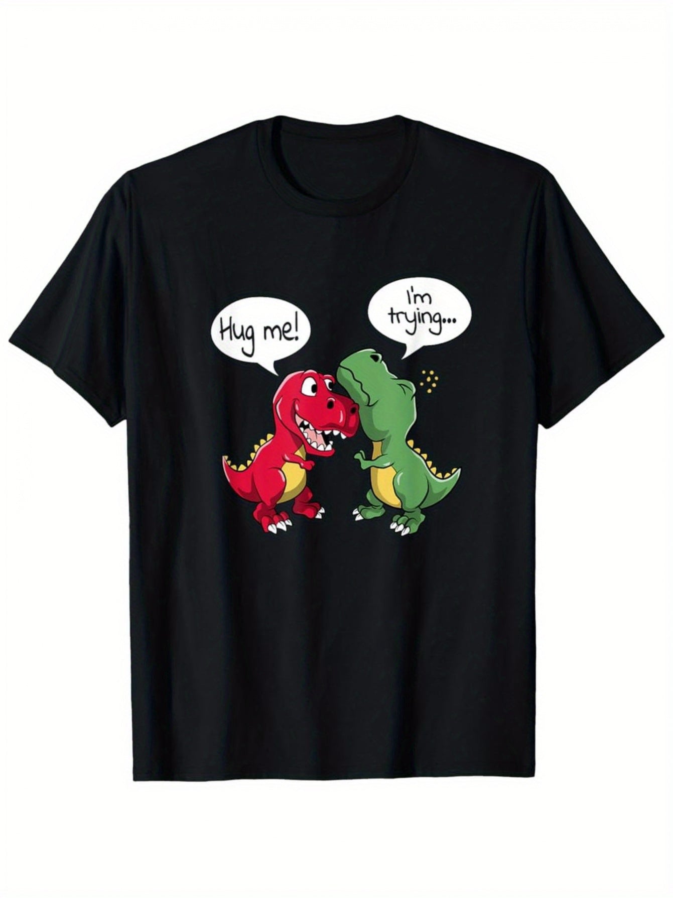 Cute Dinosaur Hug Motivational T-Shirt (Playful T-Rex Graphics) – Classic Black Short-Sleeve Crew Neck Summer Essential, Casual Fit | Fun Dino Print T-Shirt | Comfortable Everyday Wear