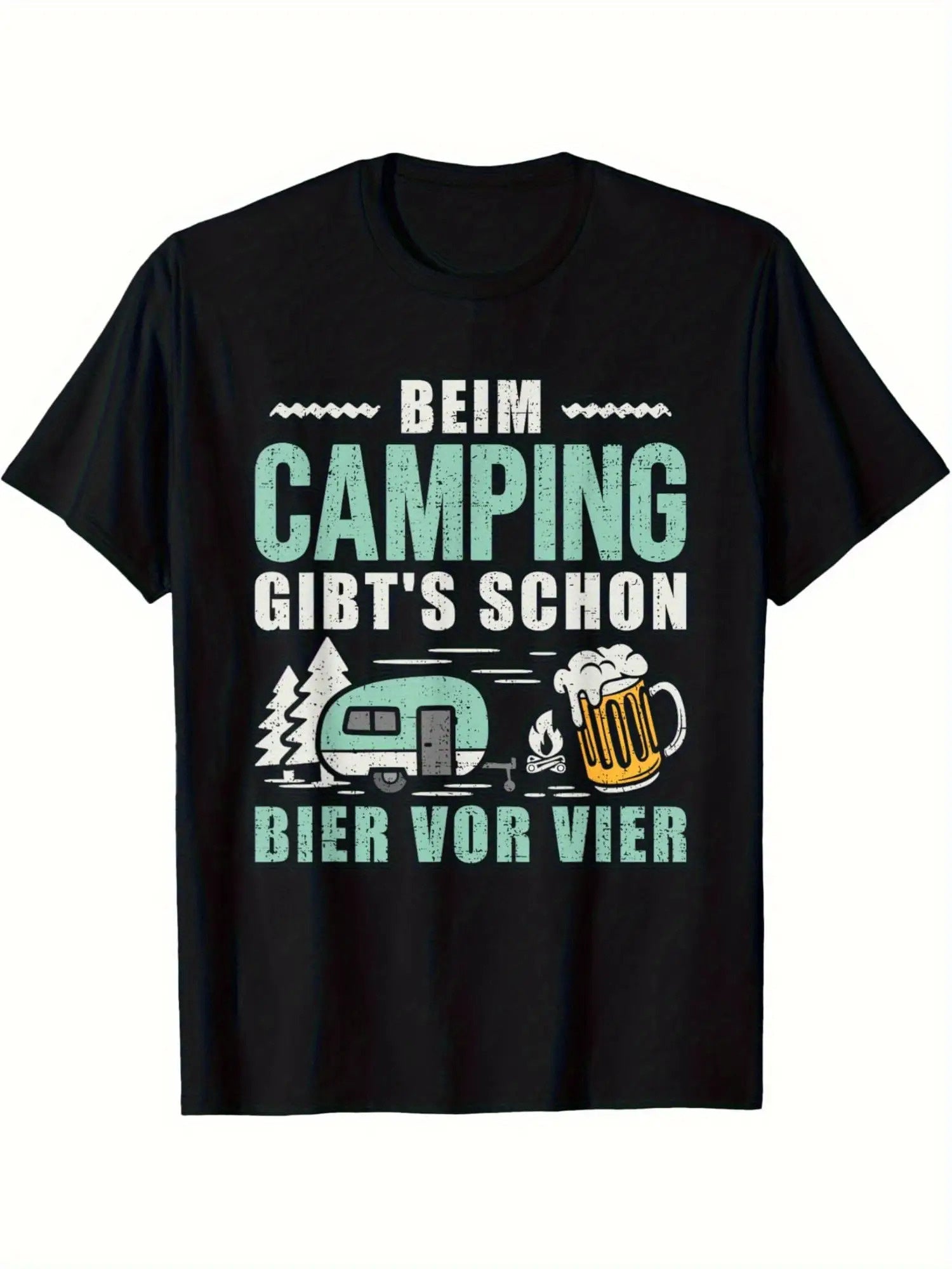 Camping Adventure Unisex T-Shirt (Retro Camper and Beer Design) – Black Short-Sleeve Crew Neck Summer Essential, Casual Vibe, Relaxed Fit | Fun Camping T-Shirt | Comfortable and Stylish.
