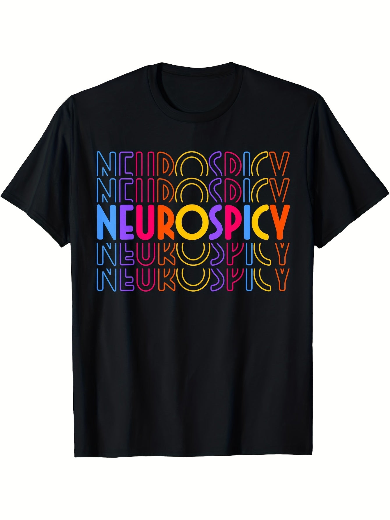 Vibrant Unisex Neurospicy T-Shirt – Fun Retro Typography on Black Short-Sleeve Crew Neck, Perfect for Everyday Wear, Casual Essential, Lively Fit | Expressive Text Tee | Comfortable and Stylish