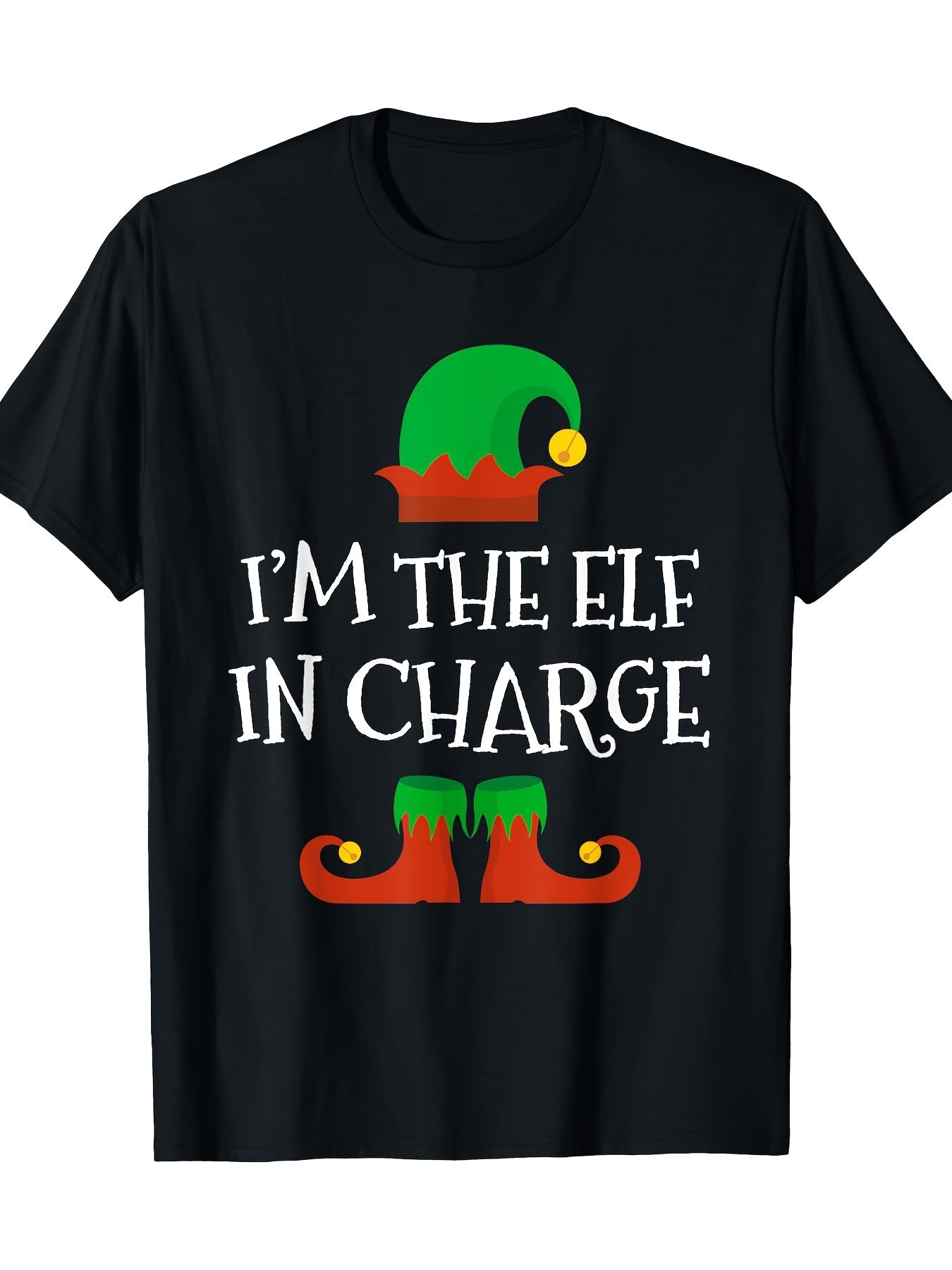 Festive Fun Unisex T-Shirt (I'm the Elf in Charge Design) – Classic Black Short-Sleeve Crew Neck Holiday Style, Relaxed Fit Essential, Perfect for Celebrating | Playful Elf Print T-Shirt | Comfortable and Cheerful Wear.