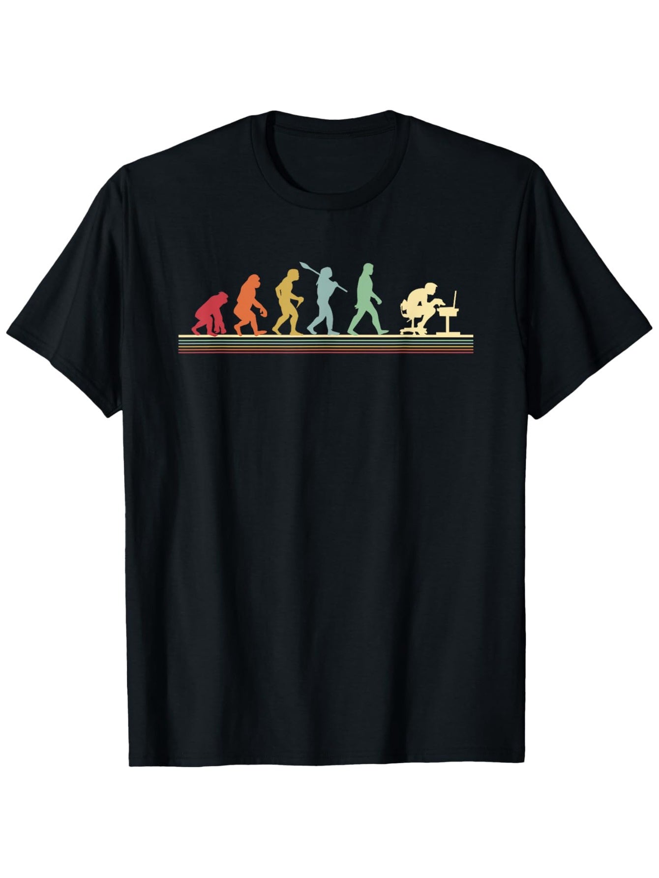 Evolution of Humanity T-Shirt (Colorful Silhouettes on a Retro Stripe) – Classic Black Short-Sleeve Crew Neck, Casual Staple, Trendy Fit | Fun Graphic Tee | Comfortable Everyday Wear
